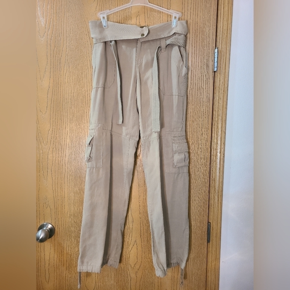 London Jean Khaki Chinos Belted Fold Waist Cargo Pocket Pants